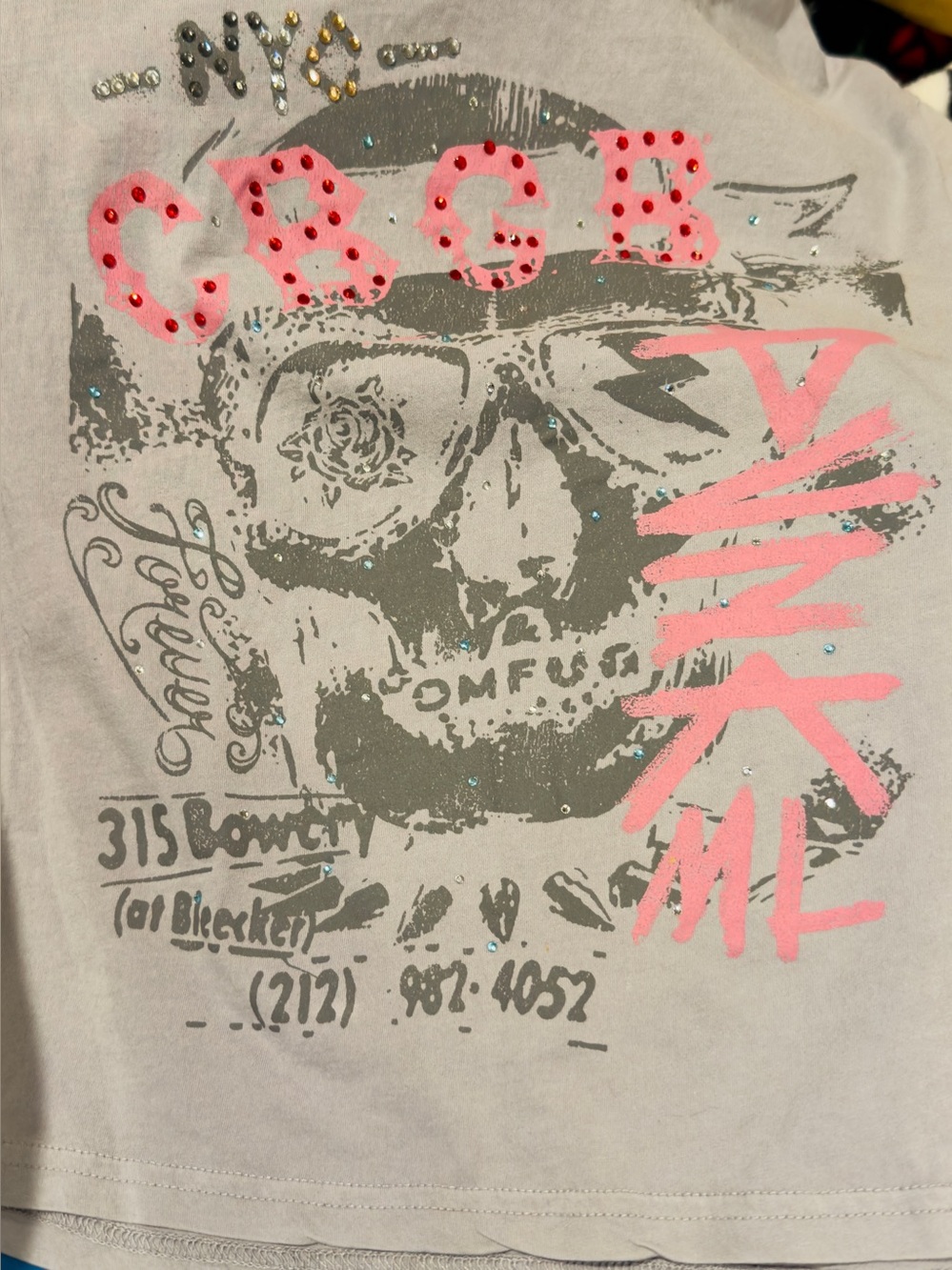 CBGB Graphic Skull Tee with RHINESTONE Accents. HANDMADE. Women’s Small